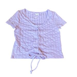 SO Lavender Purple Lace Up Front Ribbed Crop Top Short Sleeve Tee Womens Large